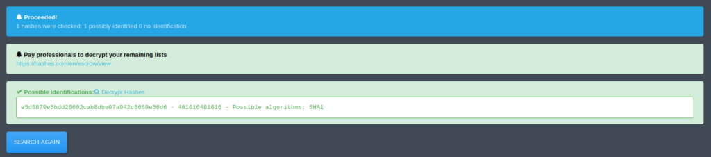 Tryhackme - Crack the hash Hashes.com cracked SHA-1
