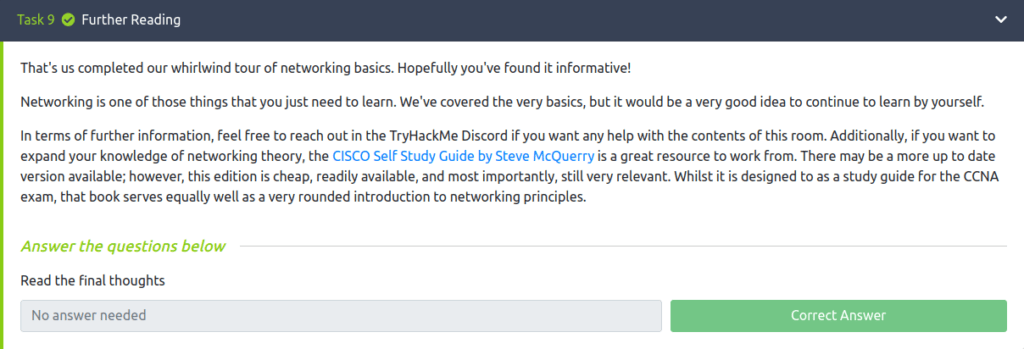 Tryhackme - Introductory Networking Task 9 - Further Reading