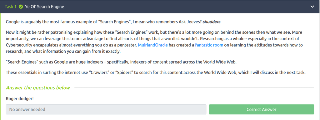 Tryhackme - Google Dorking Task 1 - Ye Ol' Search Engine