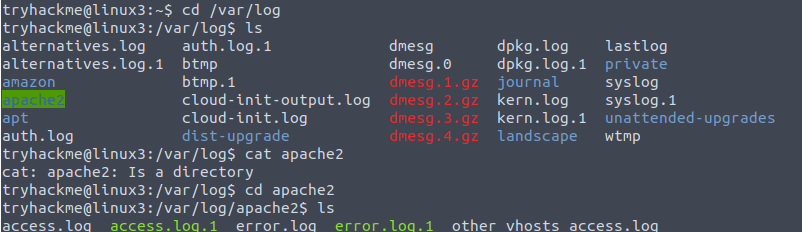 Tryhackme - Linux Fundamentals Part 3 apache2 logs