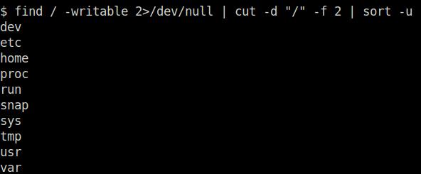 Tryhackme - Linux Privilege Escalation find / -writable 2>/dev/null | grep home | cut -d "/" -f 2,3| sort -u