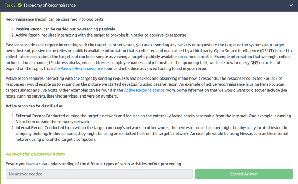 Tryhackme - Red Team Recon Task 2 - Taxonomy of Reconnaissance