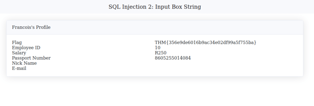 Tryhackme - SQL Injection Lab SQL Injection 2: Input Box String
