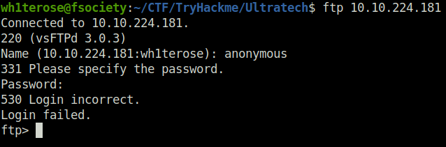Tryhackme - UltraTech ftp login attempt