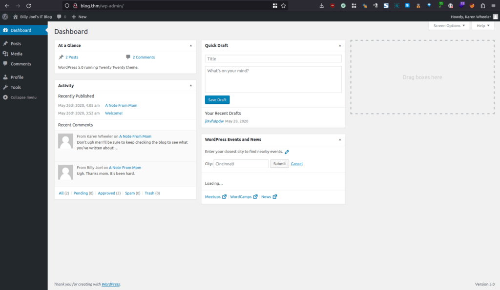 Tryhackme - Blog Wordpress dashboard