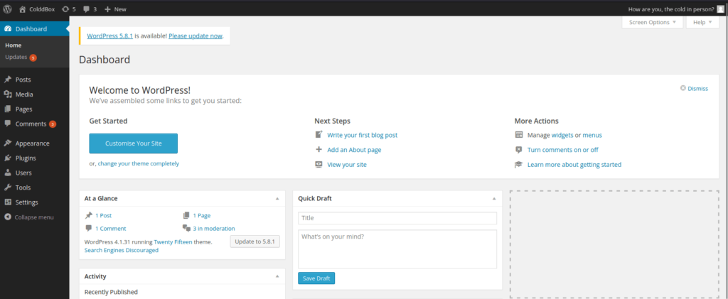 Tryhackme - ColddBox (Easy) Wordpress Dashboard