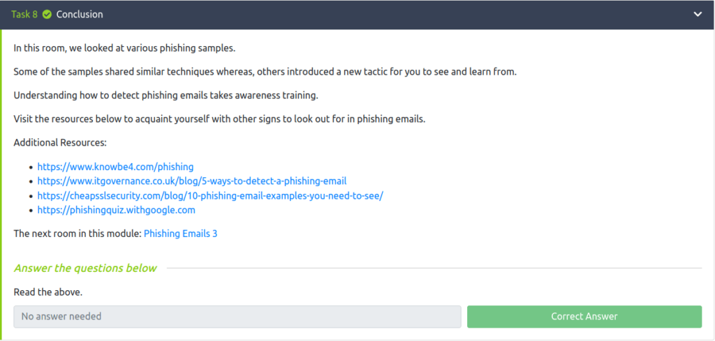 Tryhackme - Phishing Emails in Action Task 8 - Conclusion