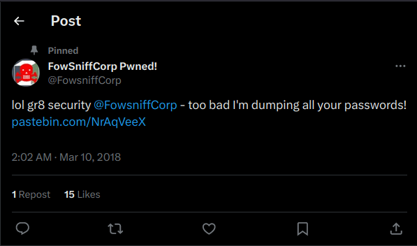 Tryhackme - Fowsniff CTF Twitter post regarding breach