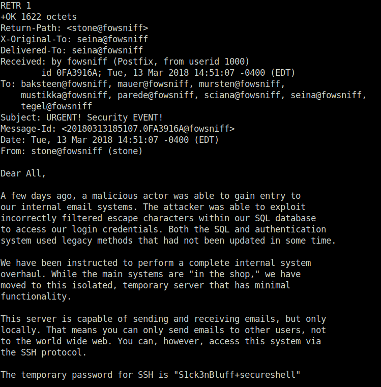 Tryhackme - Fowsniff CTF SSH password