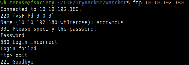 Tryhackme - Watcher ftp login attempt