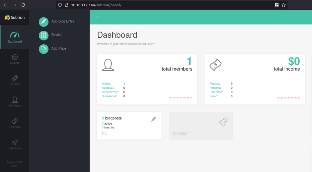 Tryhackme - Tech_Supp0rt: 1 Subrion Dashboard