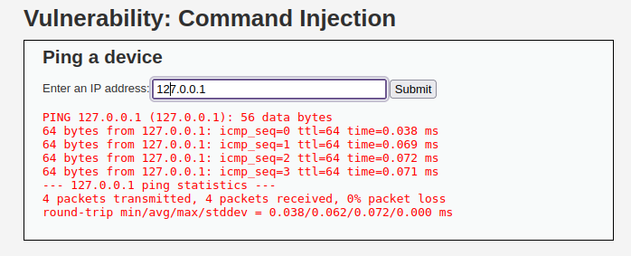 DVWA - Command Injection (Low/Med/High) Vulnerability: Command Injection