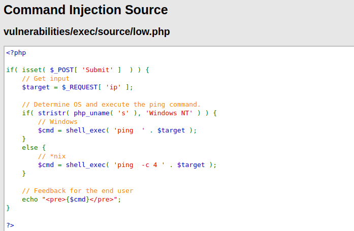 DVWA - Command Injection (Low/Med/High) Command Injection Source - Low