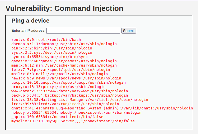 DVWA - Command Injection (Low/Med/High) Successful Command Injection