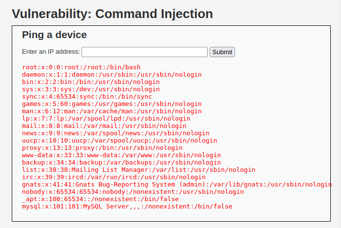 DVWA - Command Injection (Low/Med/High) Successful Command Injection