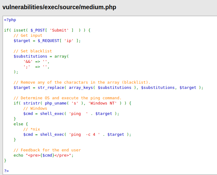 DVWA - Command Injection (Low/Med/High) Source medium.php