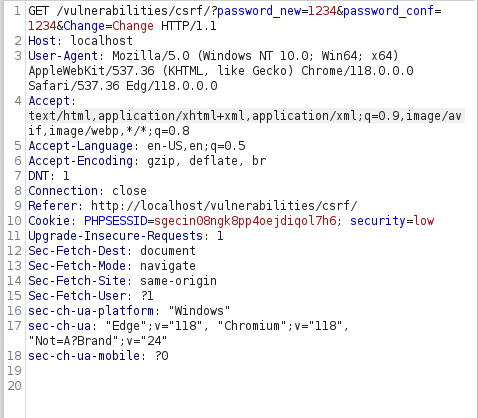 DVWA - Cross Site Request Forgery (Low/Med/High) Burpsuite intercept