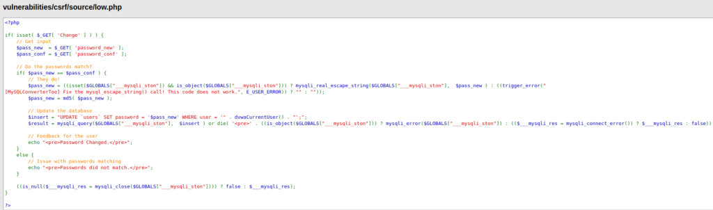 DVWA - Cross Site Request Forgery (Low/Med/High) Low.php