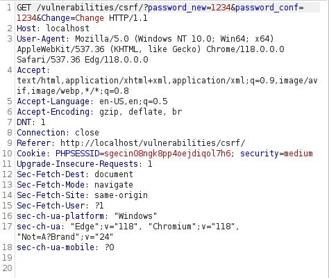 DVWA - Cross Site Request Forgery (Low/Med/High) Burpsuite intercept