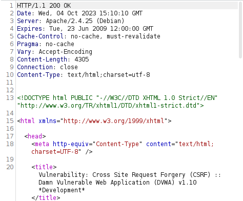DVWA - Cross Site Request Forgery (Low/Med/High) Burpsuite Response