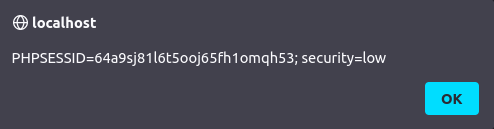 DVWA - Reflected Cross Site Scripting (Low/Med/High) cookie pop up alert