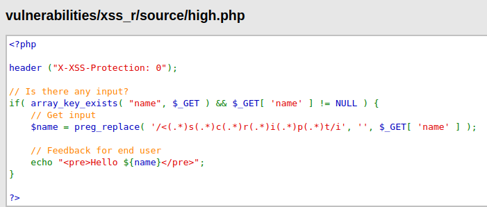 DVWA - Reflected Cross Site Scripting (Low/Med/High) high.php