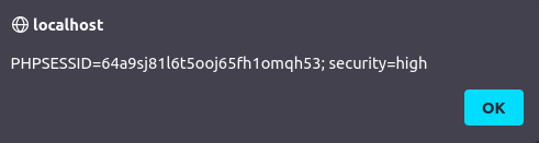 DVWA - Reflected Cross Site Scripting (Low/Med/High) cookie pop up alert