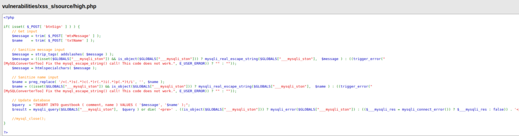DVWA - Stored Cross Site Scripting (Low/Med/High) High.php