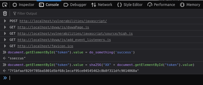 DVWA - JavaScript Attacks (Low/Med/High) Dev Tools console