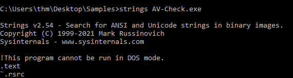 Tryhackme - Introduction to Antivirus strings AV-Check.exe