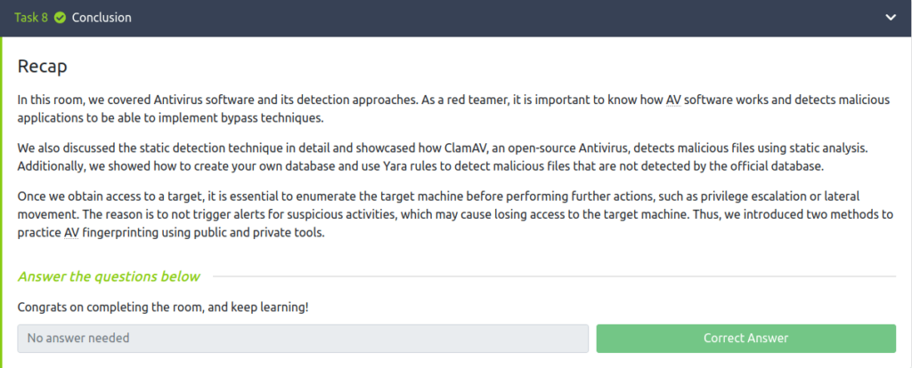 Tryhackme - Introduction to Antivirus Task 8 - Conclusion