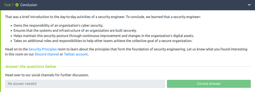 Tryhackme - Security Engineer Intro Task 7 - Conclusion