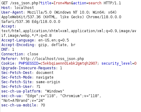 bWAPP - Cross Site Scripting Reflected (JSON) Burpsuite intercept