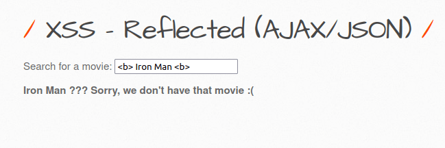 bWAPP - Cross Site Scripting Reflected (AJAX-JSON) HTML Injection confirmed