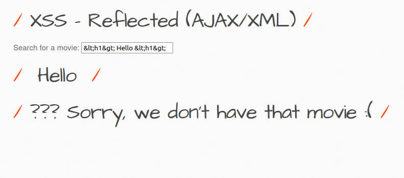 bWAPP - Cross Site Scripting Reflected (AJAX-XML) HTML Injection confirmed