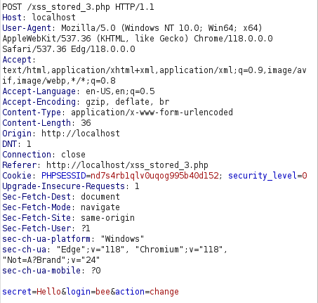 bWAPP - Cross Site Scripting Stored (Change Secret) Burpsuite intercept