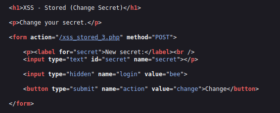 bWAPP - Cross Site Scripting Stored (Change Secret) Page source code
