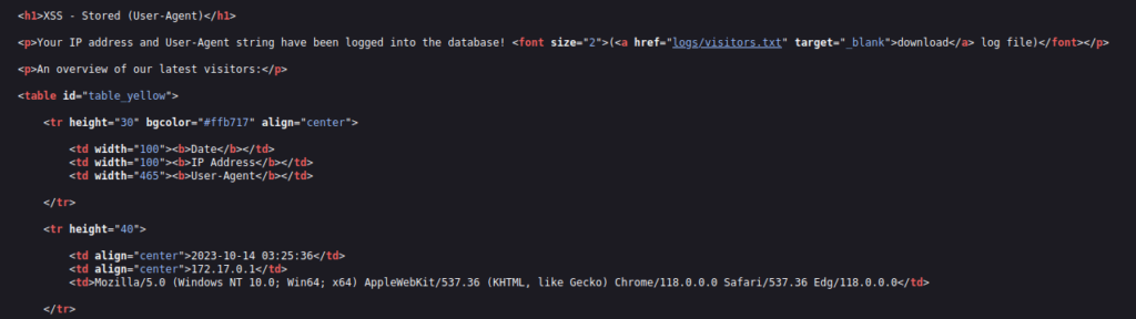 bWAPP - Cross Site Scripting Stored (User-Agent) Page source code